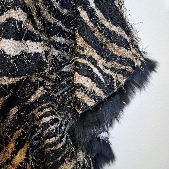 Alberto Makali Women Zebra Poncho Rabbit Fur Trim Fuzzy Knit Size XS Made In USA - Picture 6 of 11